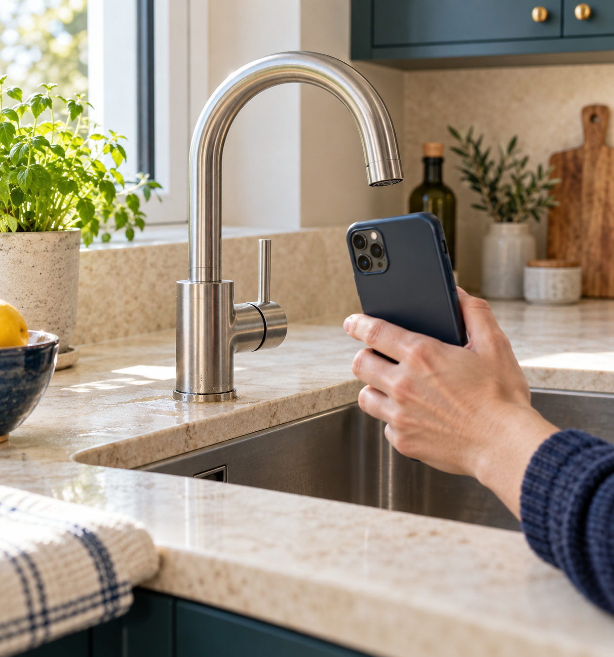 Une personne photographie le robinet de sa cuisine
